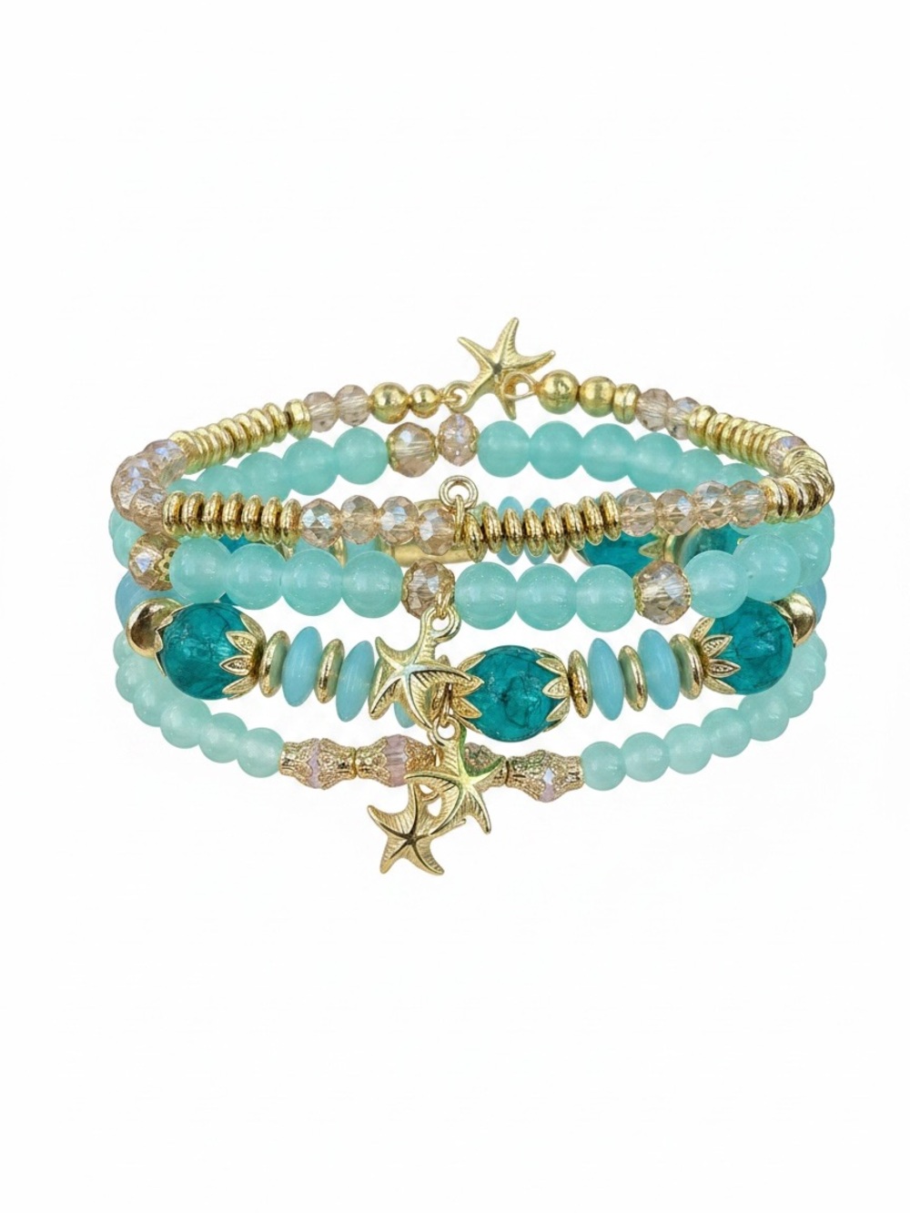 Bohemian Boho Multi-layered Starfish Pendant Crystal Beaded Stretchy Bracelets